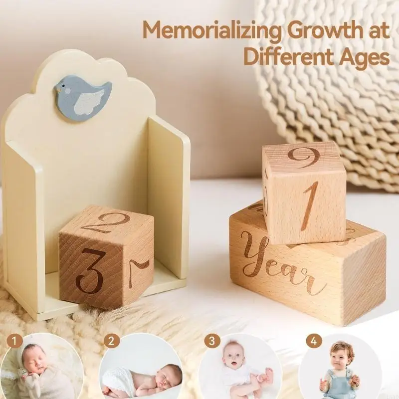 D7YD 4 قطعة/المجموعة/مجموعة الطفل الشهري سجل النمو معالم كتل الصور الزخرفية تذكارية الخشب التصوير الدعائم هدية