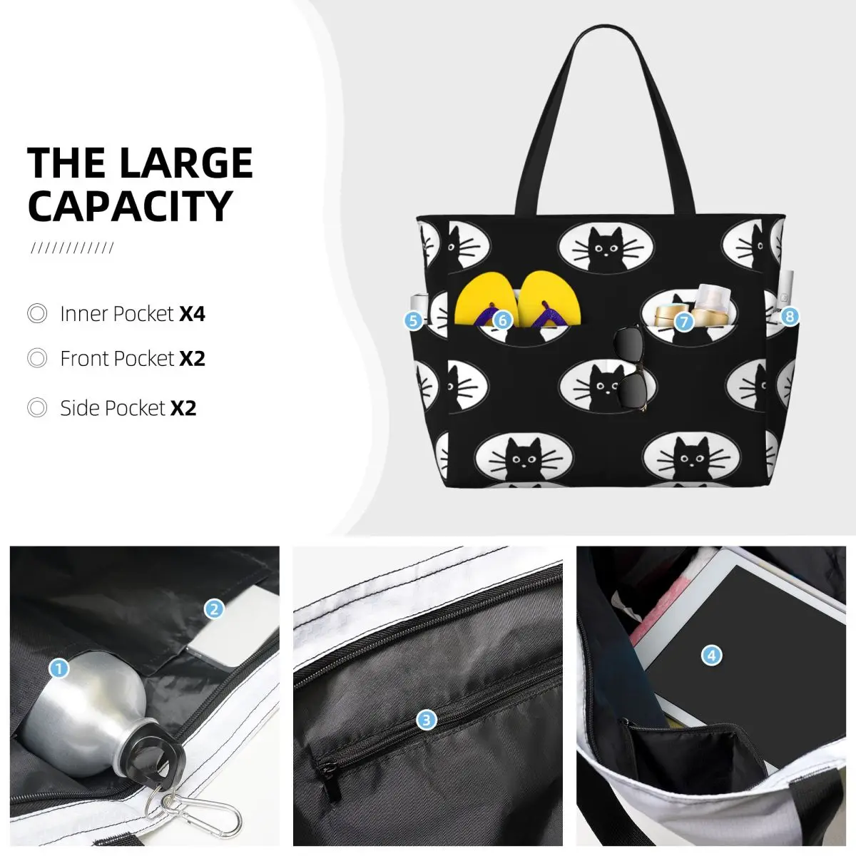 Black Cat Fac Beach Tote Bag Deporte Gimnasio Yoga Duffle Bolso grande Bolsa de viaje para mujer Bolsa de fitness