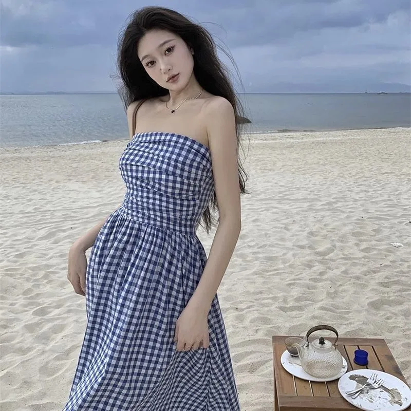 Plaid Long Women Summer Strapless Beach Style Korean Loose Slim Sexy French  Retro Zipper A-line Sleeveless Hotsweet Cozy