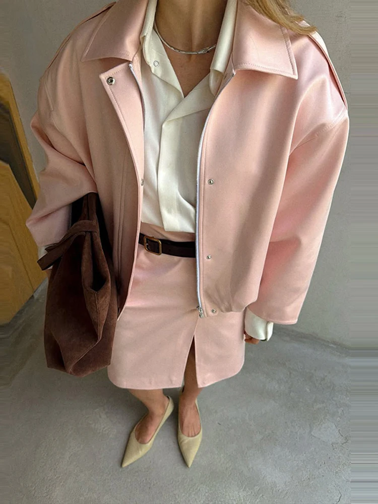 Casual Solid Jacket Skirt Set Women Lapel Button Zippers Coat Mid Split Hip Package Skirts Female 2026 Autumn Lady Outfit New