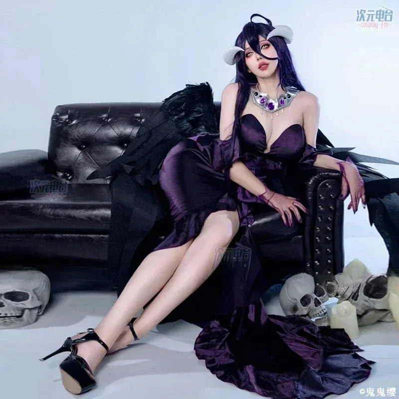애니메이션 오버로드 시즌 4 코스프레 알베도 이브닝 파티 블랙 섹시 드레스 가발 할로윈 유니폼 크리스마스 의상 gh;0