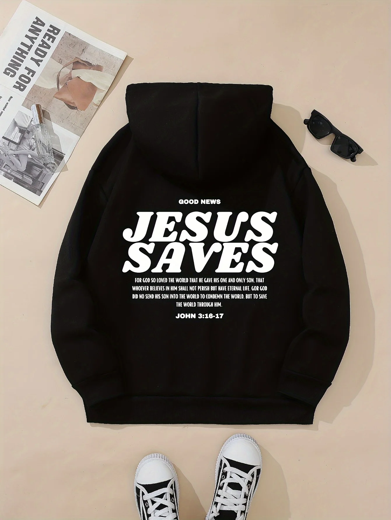 سترة أنيقة بغطاء للرأس مطبوعة بحروف من Jesus Saves مع سويت شيرت كاجوال برباط وأكمام طويلة وجيب Harajuku للجنسين