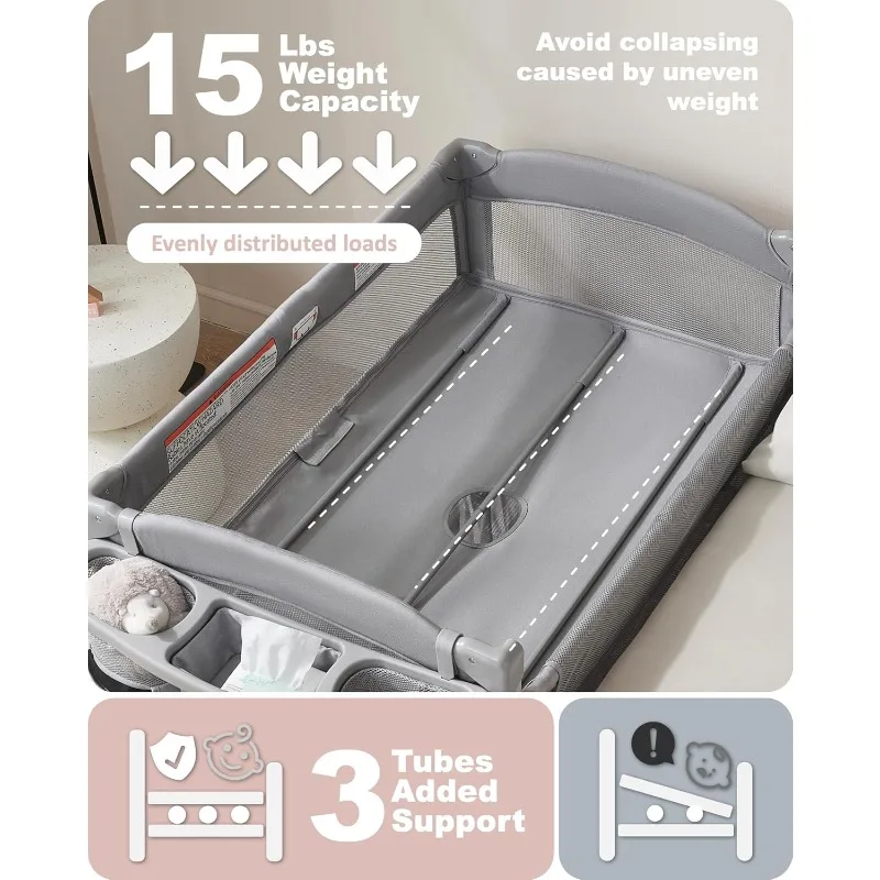 سرير أطفال 4 في 1 بجانب السرير، 4 وظائف سرير، لعب، طاولة تغيير محمولة، سرير للأطفال حديثي الولادة، سرير