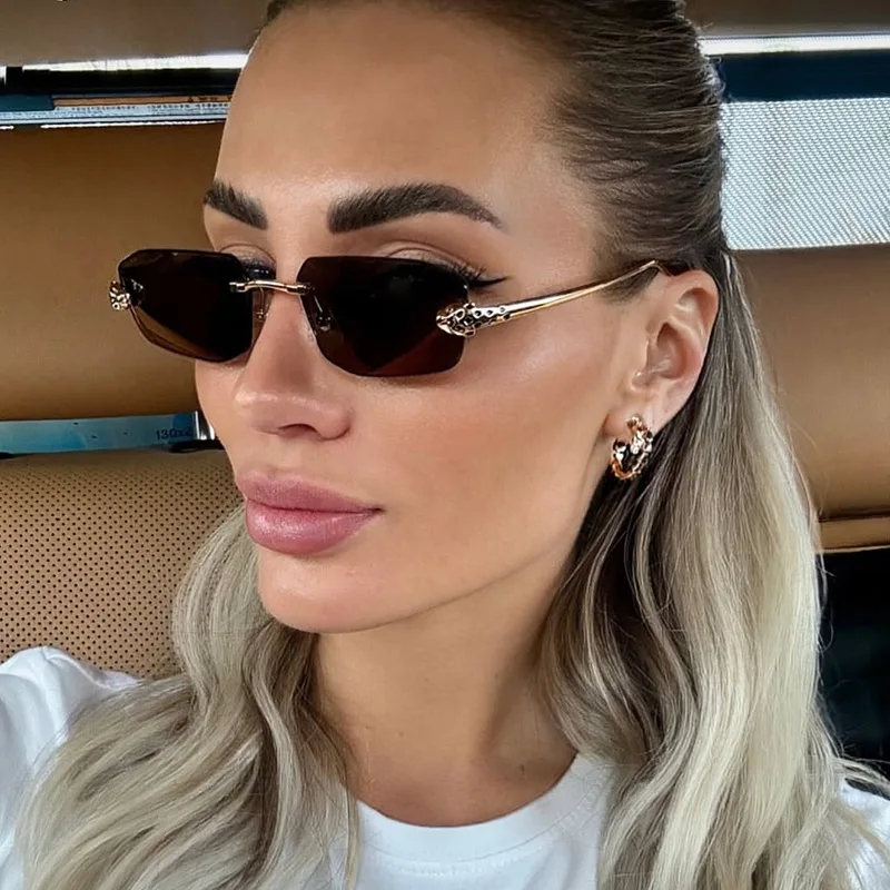 Klassische rahmenlose Mode-Sonnenbrille mit kleinem Rahmen, Metall, polygonale Geparden-Sonnenbrille, High-End-Luxus-Retro-Sonnenbrille für Damen, UV400