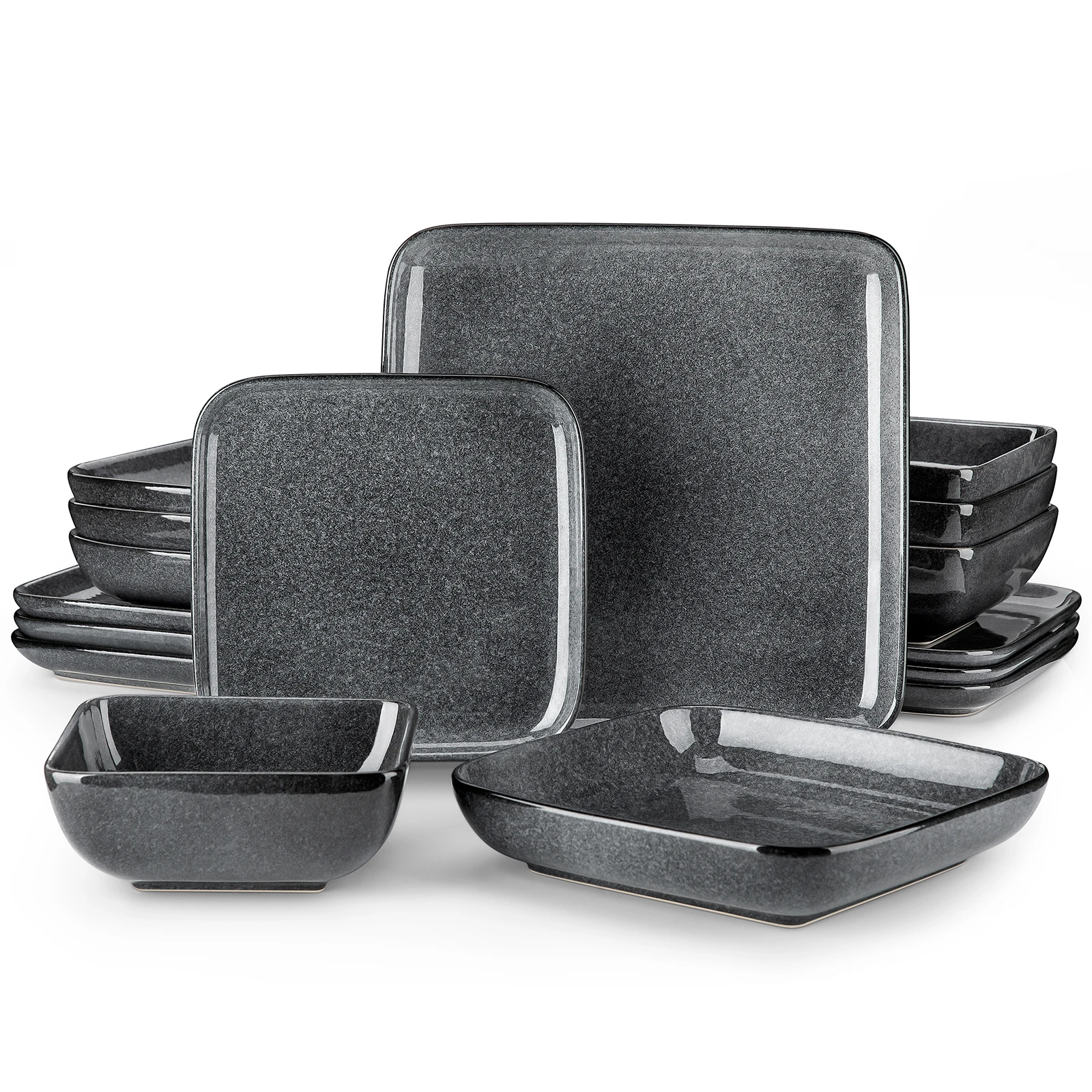 Image of Vancasso 16/32-teiliges Graues Reaktiv-Glasiertes Steinzeug-Geschirrset Teller Dinner-Set mit 4/8 Speisetellern/Desserttellern/Suppentellern/Schüsseln