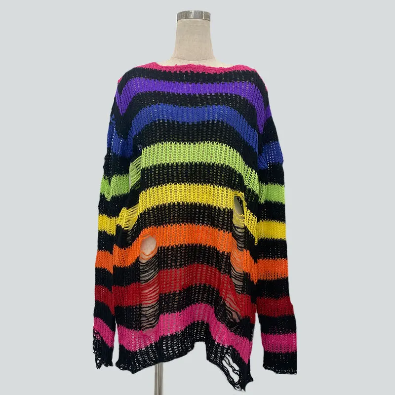 90s Goth Punk Women Street Fashion Stripe Loose Gothic Knitted Ripped Distressed Design Jumper Oversized Pullovers Top Sweater