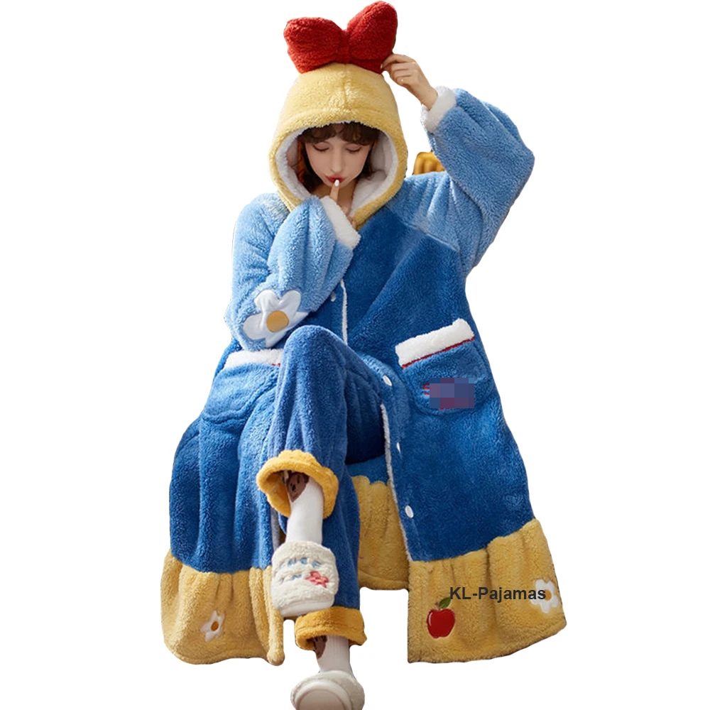 Winter Thicken Nightgown Pajamas Set Warm Flannel Long Sleeve Cartoon Sleepwear Cosplay Women Plush Anime Pijamas Sleeping Dress