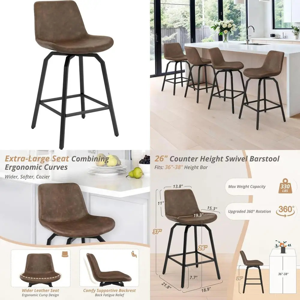 

Set of 3 26 Swivel Counter Height Stools, Vintage Brown Leather with Metal Legs for Kitchen Island or Dining
