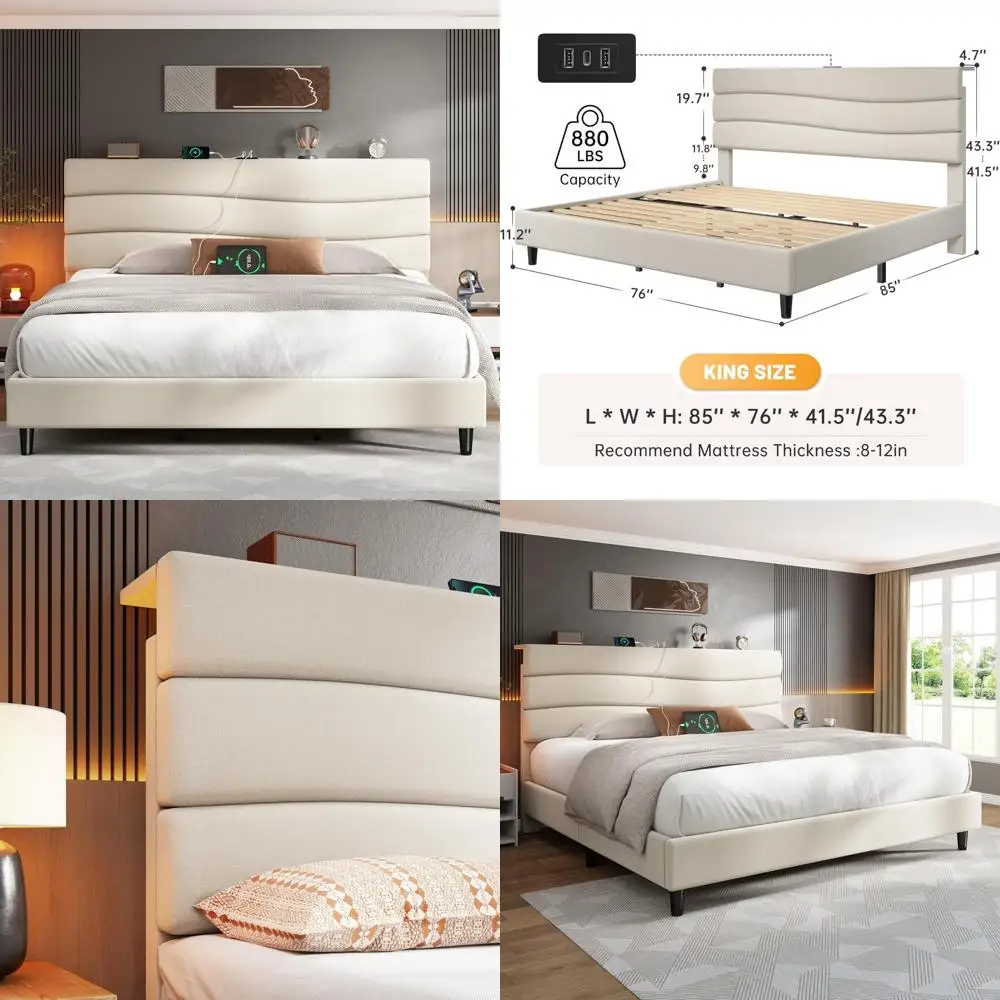 

King Size Fabric-Upholstered Bed Frame with Storage and 3 Charging Stations