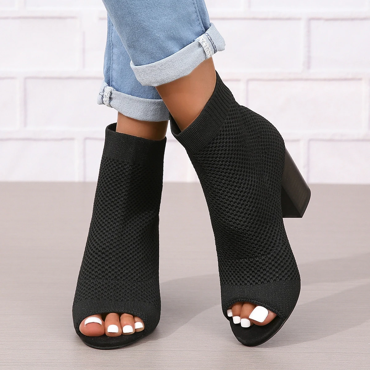 Fashion Peep Toe Black Fabric Knitting Ankle Socks Boots Small Hole Hollow Out Women Metal High Heels Party Dance Shoes Size 42