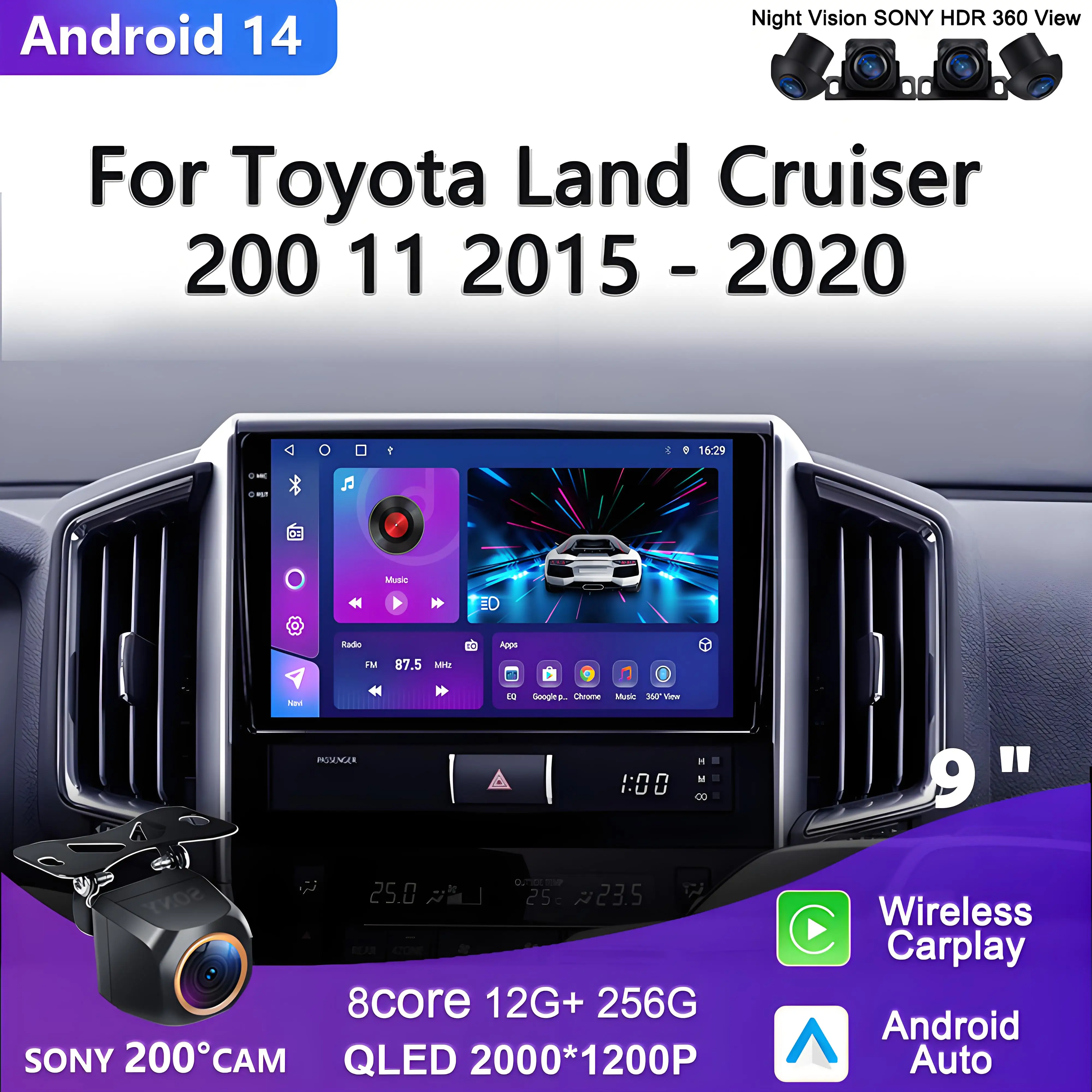 Android 14 Car DVD Multimedia Player For Toyota Land Cruiser 200 11 2015 - 2020 Auto Radio GPS Navigation Carplay Stereo Radio