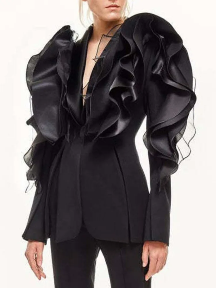 FANAN Mesh Ruffle Design Blazers Women's Gathered Waist Fit Jackets Tide Female Coats Temperament Clothing 2025 Spring New
