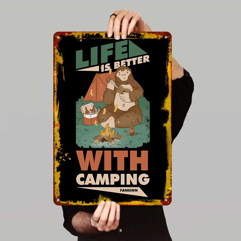 Camping Cartoon Bigfoot Metal Sign Camper Decor Outdoor Lover Gift Retro Wall Art