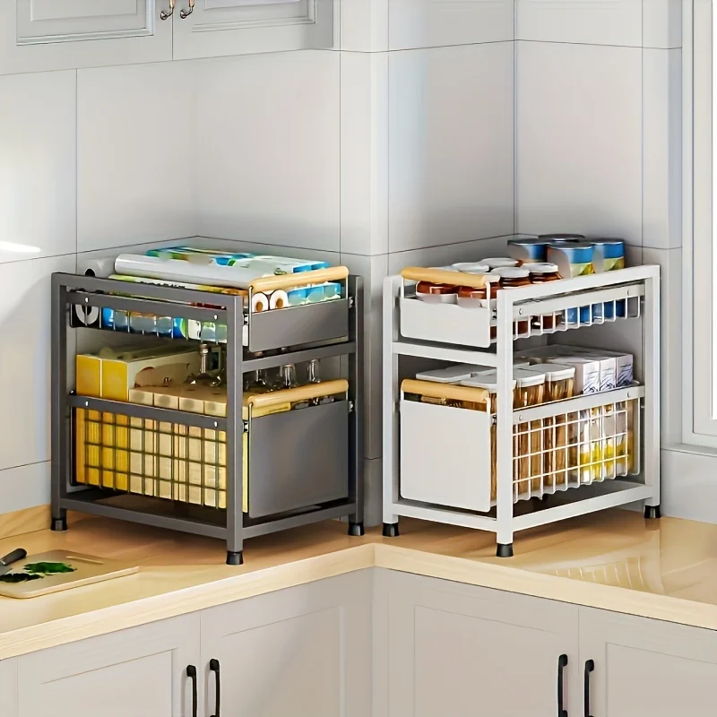 1pc Space-Saving Pull-Out Kitchen Organizer - Multi-Functional Metal Storage Rack with Sliding Drawer for Cabinets