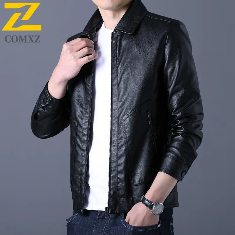 

COMXZ Urban Adventure Mens Leather Jacket Fashion Stand Collar Durable Motorcycle Coat Casual Camping Lightweight Autumn Coats