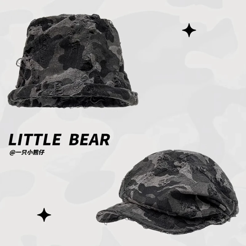 

Retro Camouflage Hole Pleated Design Bucket Hats for Women Summer Autumn Thin Breathable Versatile Casual Literary Berets Cap