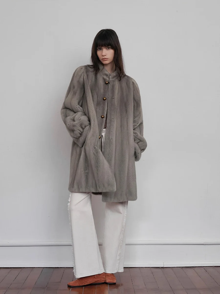 ラウタロ 冬用 高級 エレガント 厚手 暖かい ふわふわ ソフト ブラウン フェイクミンク ファーコート レディース ミッドセンチュリー モダン ヴィンテージ ファーリー オーバーコート