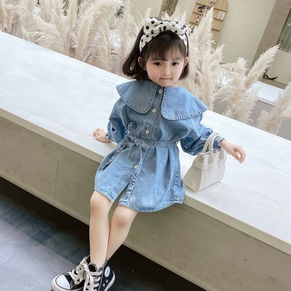 Spring Summer Baby Girls Cotton Single-Breasted Sailor Collar Lace Up Denim Blue Dresses Children Sweet Skirt Kids Outfits 2-8Yr