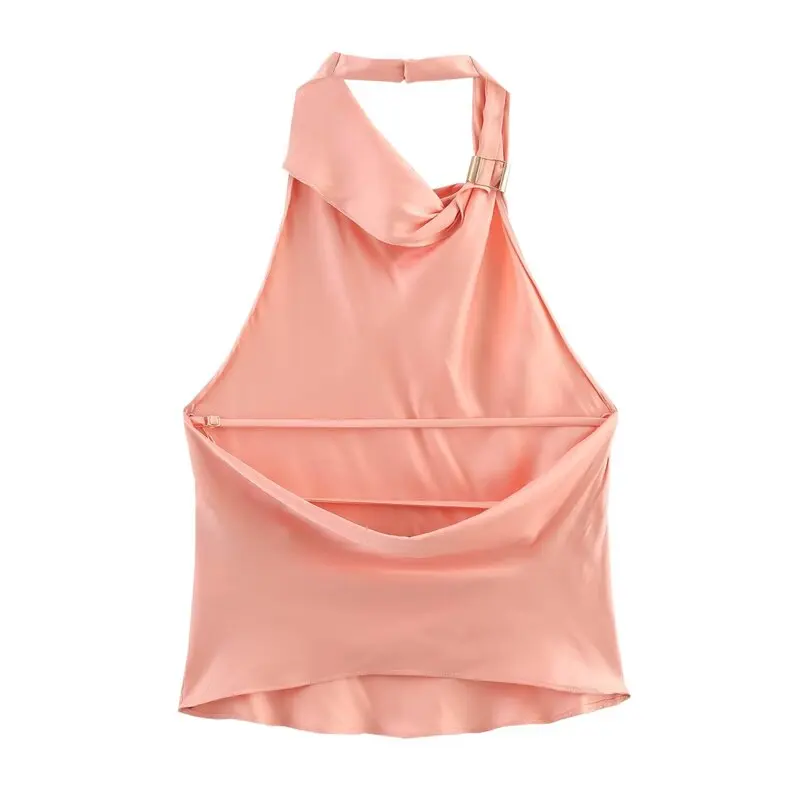 Gold Embellished Silk Satin Feel Collared Top Women's Fashion New Arrival 2025 Summer Elegant Stylish Quality Neck Hanging