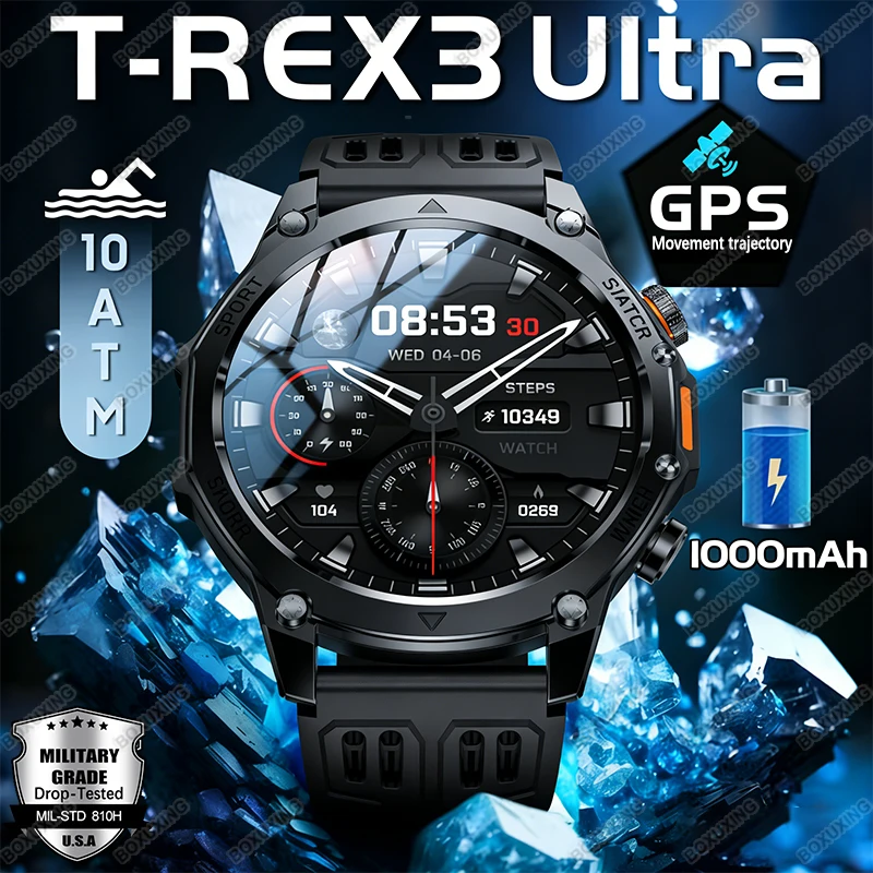 

2026Новые военные умные часы T-Rex 3 Ultra для мужчин, аккумулятор 800 мАч, IP68, водонепроницаемый фонарик, спортивный трекер сердечного ритма, умные часы