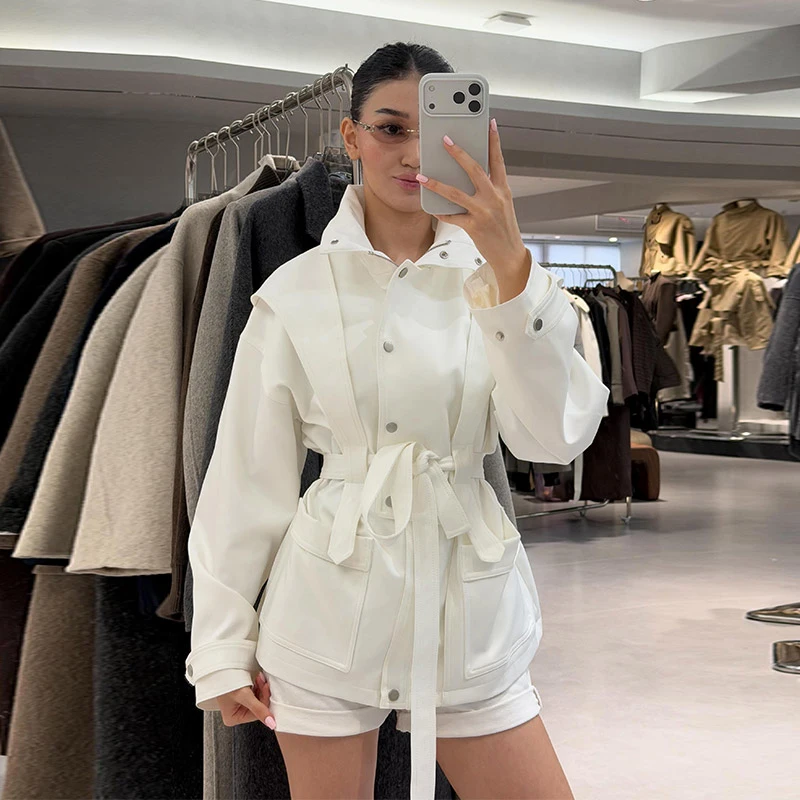 Damen-Windbreaker mit Revers und Schnürung, einreihiger Trenchcoat für Frühling und Herbst, langärmelige, schmale Jacke, neue Oberbekleidung – Detail 4
