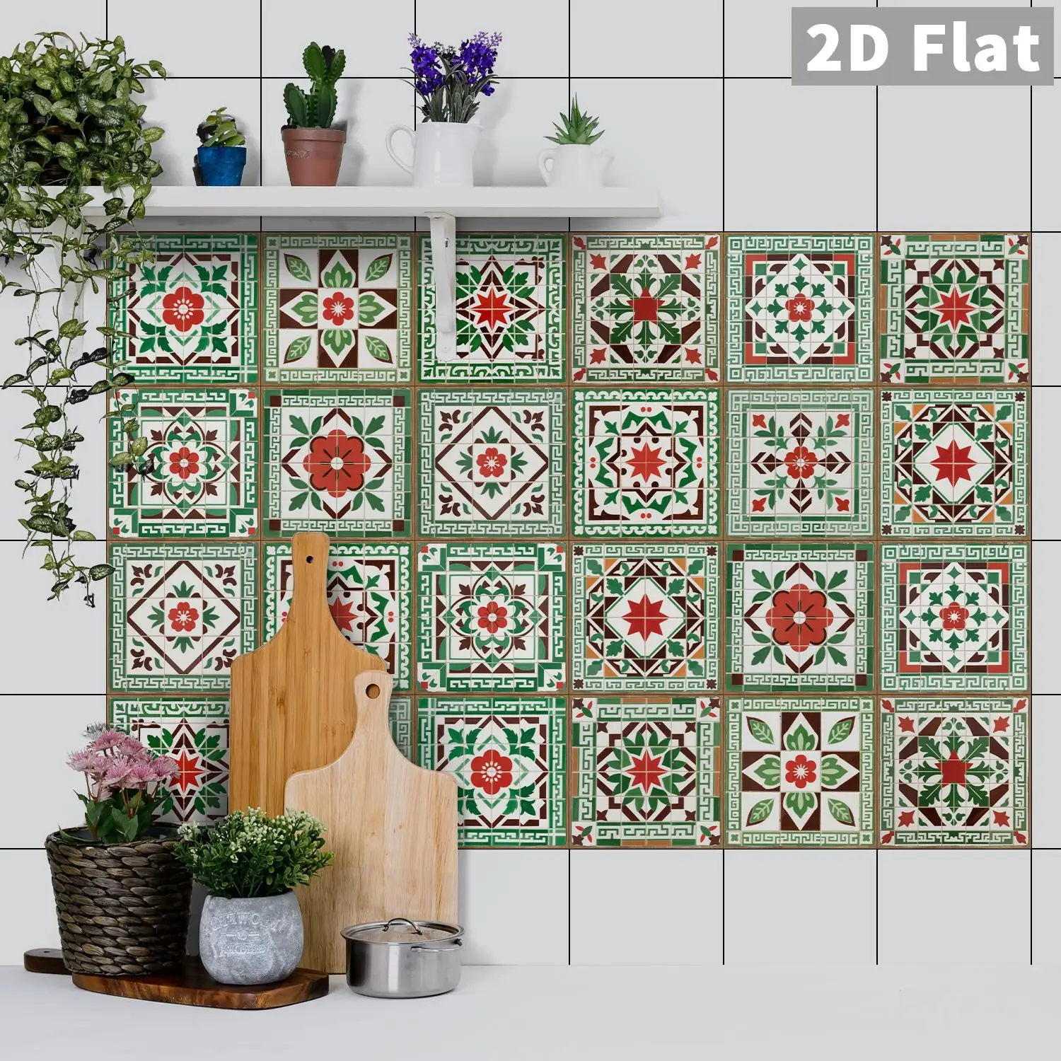 

Red and green retro flower tiles, ceramic tile stickers, kitchen, bathroom, living room background wall decoration stickers