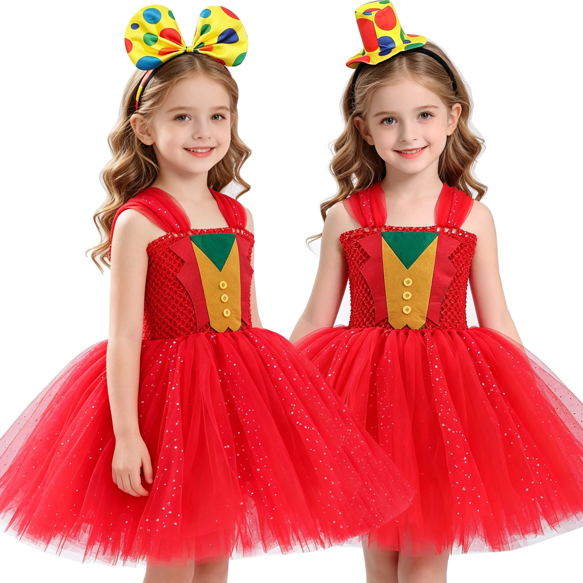 Clown Tutu Dress Circus Print Tulle Kids Girls Halloween Party Stage Performance Show Toddler Child Ruffled Rainbow Cute Sweet