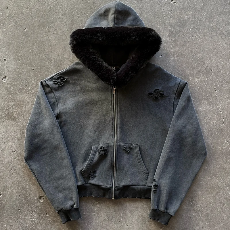 

Autumn Winter American Trendy Classic Solid Color Plush Hat Hoodie Street Retro Comfortable Versatile Zipper Sweatshirt