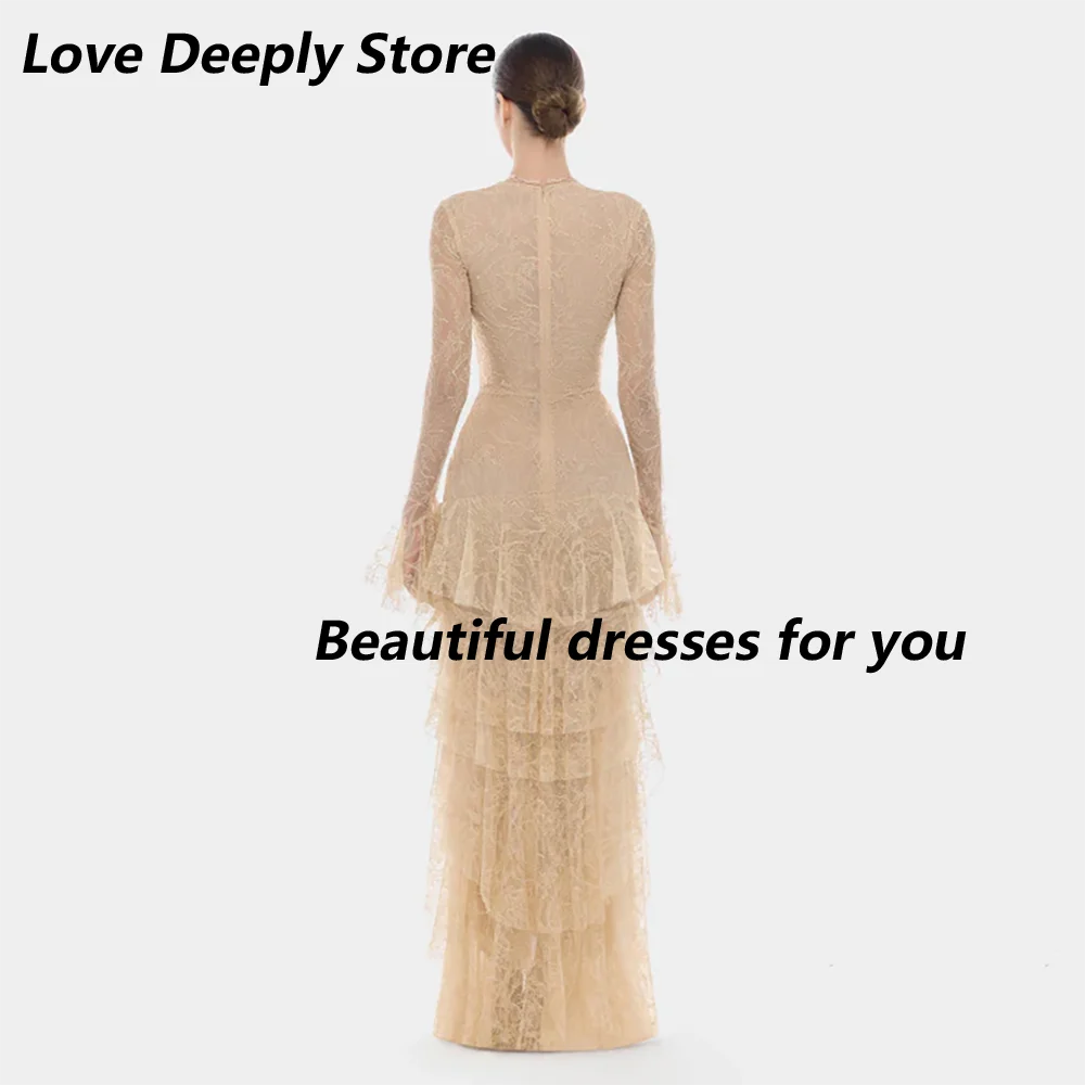 Elegant Champagne Lace Tulle Evening Dress Customized V-Neck Long Sleeves Mermaid Floor Length Prom Gown Formal Party Dresses