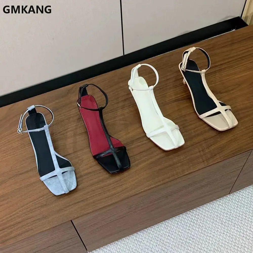 GMKANG Women Square Toe Genuine Leather Stiletto High Heels Sandals Ankle Buckle Strap Narrow Band Summer Heeled Sandals For