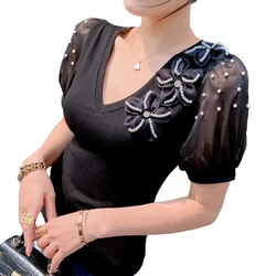 2023 V-neck Short sleeve Casual top Handmade Flower Beaded Shirt Korean fashion Summer Women T shirt