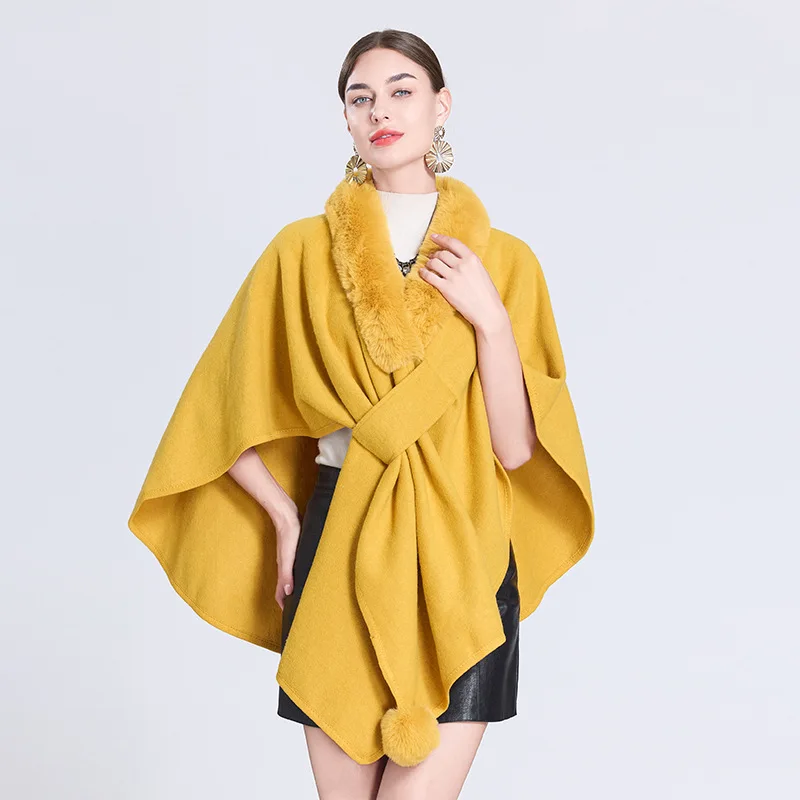 Solidne, nieregularne peleryny damskie, eleganckie łączenia, włochaty kołnierz, dziergany płaszcz, średniej długości szal, kurtka, jesienno-zimowe, grube, ciepłe szale.