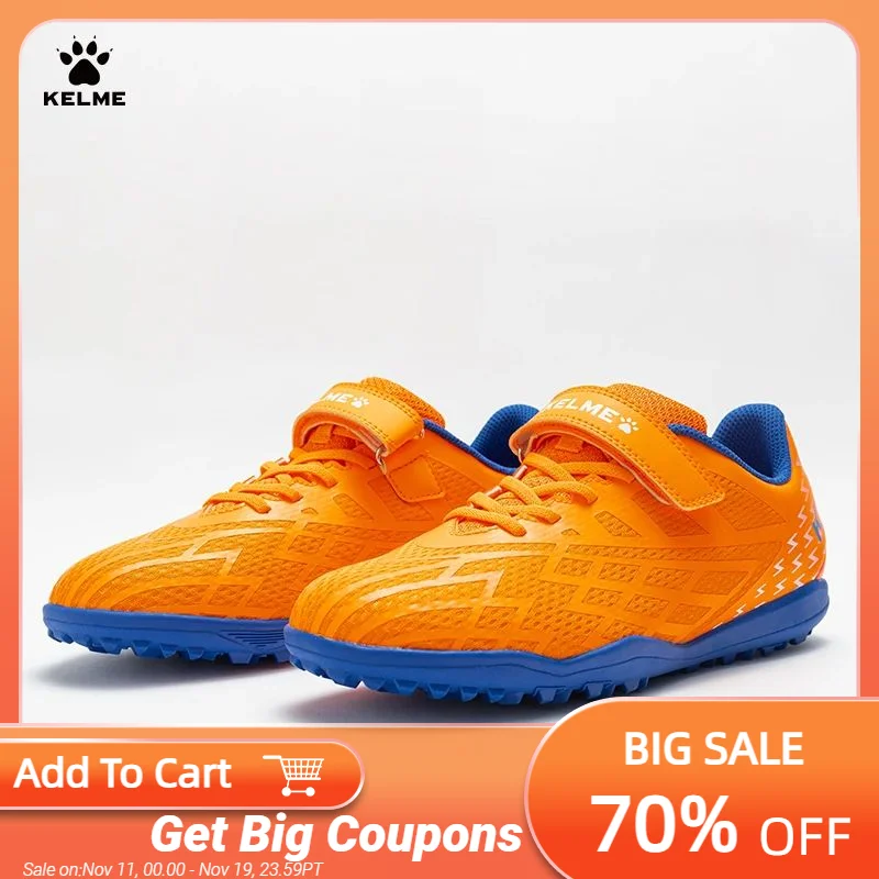 

KELME Kids TF Soccer Shoes Professional Sports Training Velcro Fastener Football Shoes Light Streamlined Skeleton Shoes