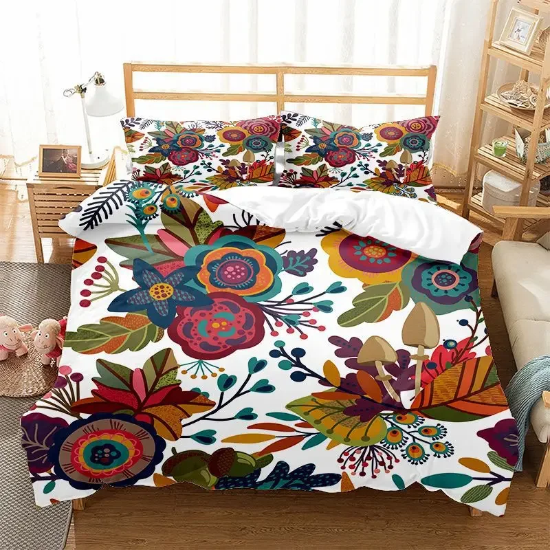 Floral Duvet Cover King/Queen Size Green Turmeric Flowers Bedding Set,Vintage Colorful Branches 2/3pcs Polyester Quilt Cover