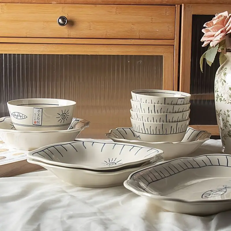 Japanese Vintage Porcelain Plate New Creative Restaurant Homehold Tableware Fish Steak Pasta Soup Plates Kitchen Supplies