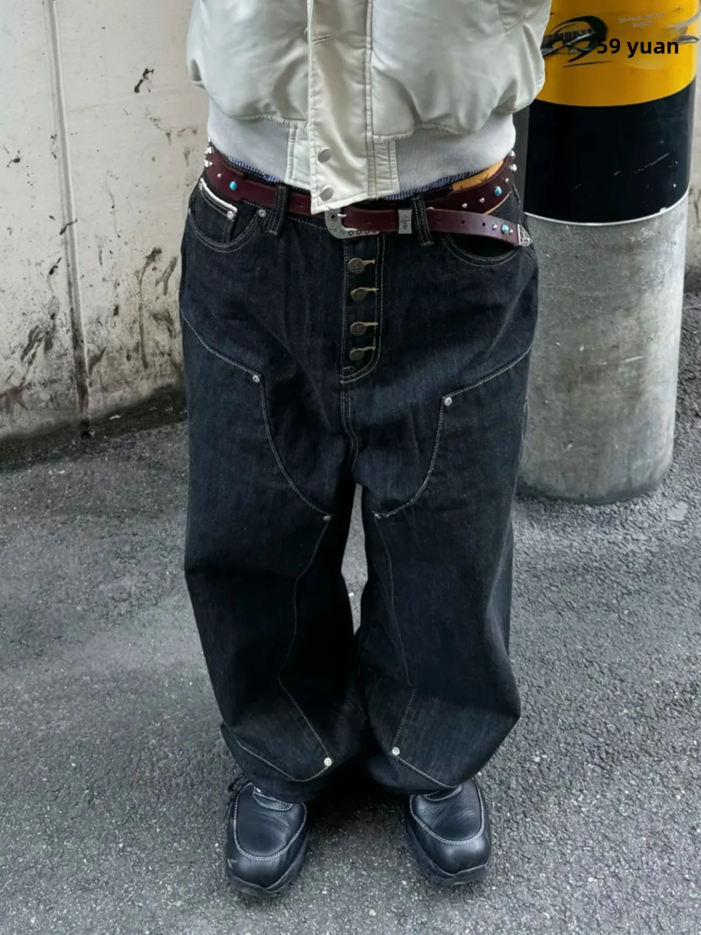 Vintage American Street Style Men's Workwear Jeans Multiple Buttons  Washed Loose Casual Straight Leg Pants