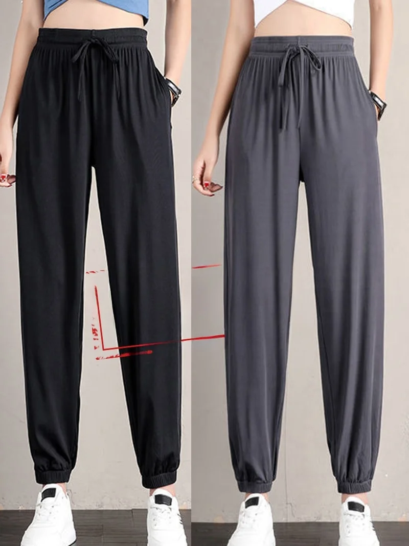 

Ice Silk Loose Fit Casual Pants Women's Summer Thin Wide Leg Lantern Pants High Waist Nine Points Polyester Fiber