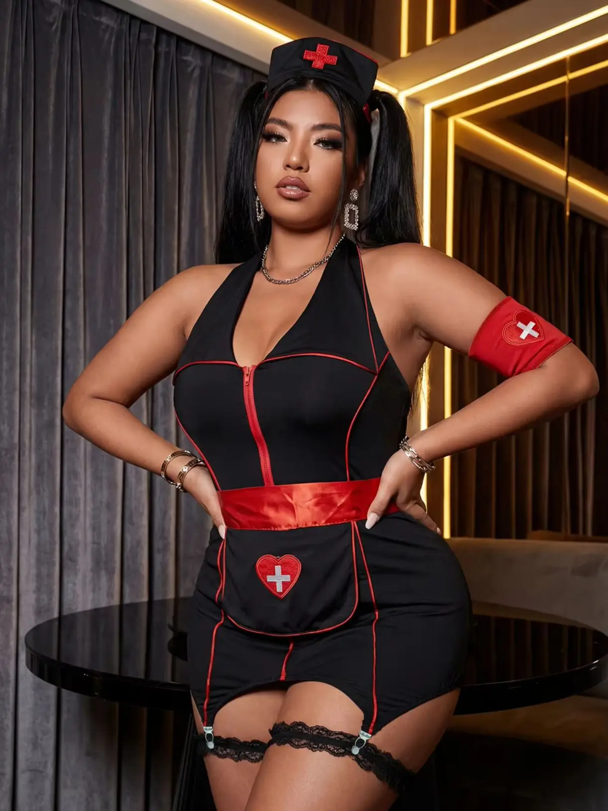 Plus Size Women's Black Nurse Cosplay Costume Red Cross Halter Top Sexy Uniform Lingerie Set w/ Free Thong Headband Apron Arm Cu view 3