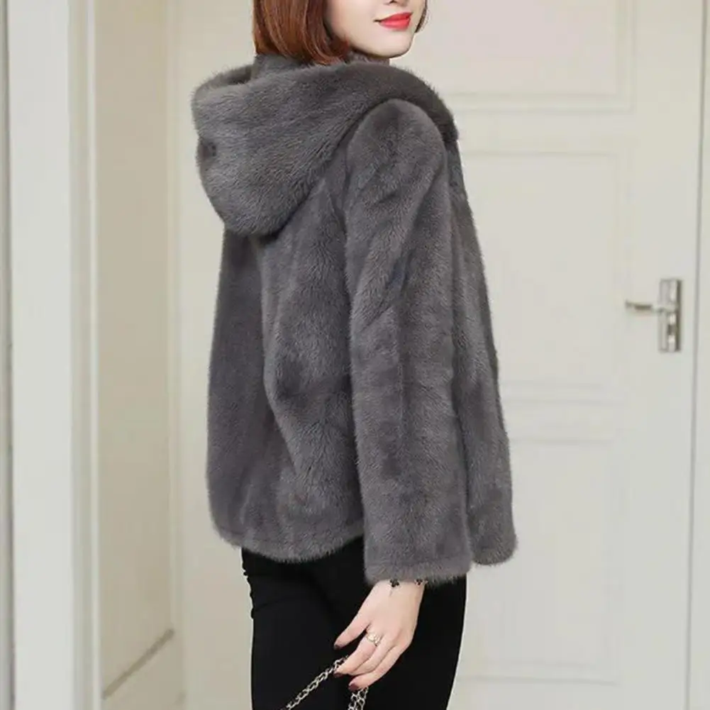 Hooded Coat Cozy Plush Hooded Winter Coat for Women Double-sided Thick Long Sleeves Zipper Closure Cardigan Outerwear Solid