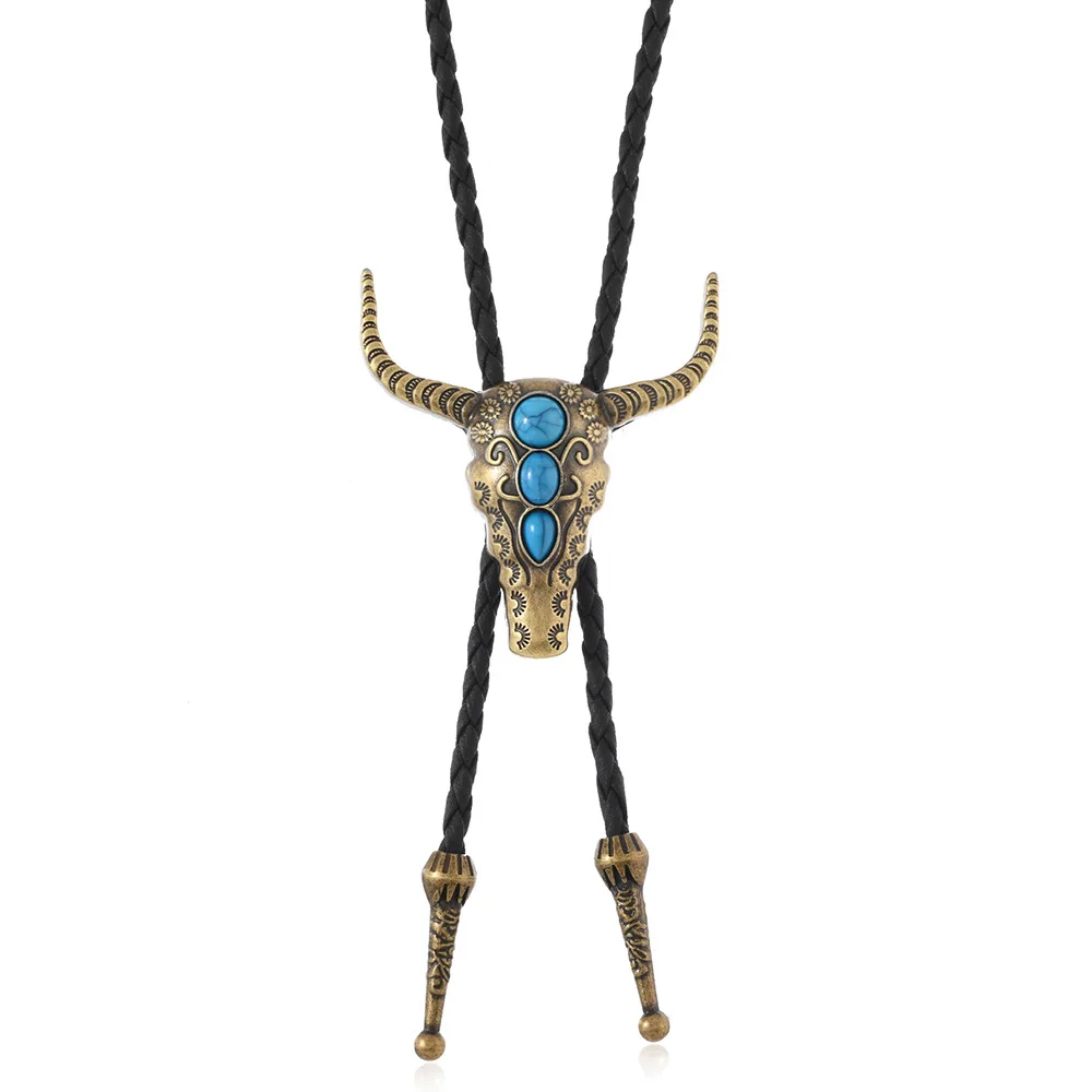 New Turquoise Bull Head Bolo Tie Vintage Alloy Sweater Chain Necktie Casual Jewelry for Men Women Accessory