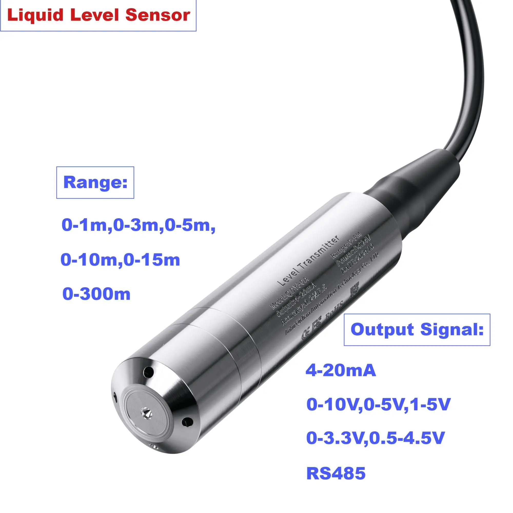 

0-15M Range Hydrostatic Liquid Level Transmitter 4-20mA 0-10V 0-3.3V Output Water Pressure Level Sensor Probe 0-5M 10M 15M 20M