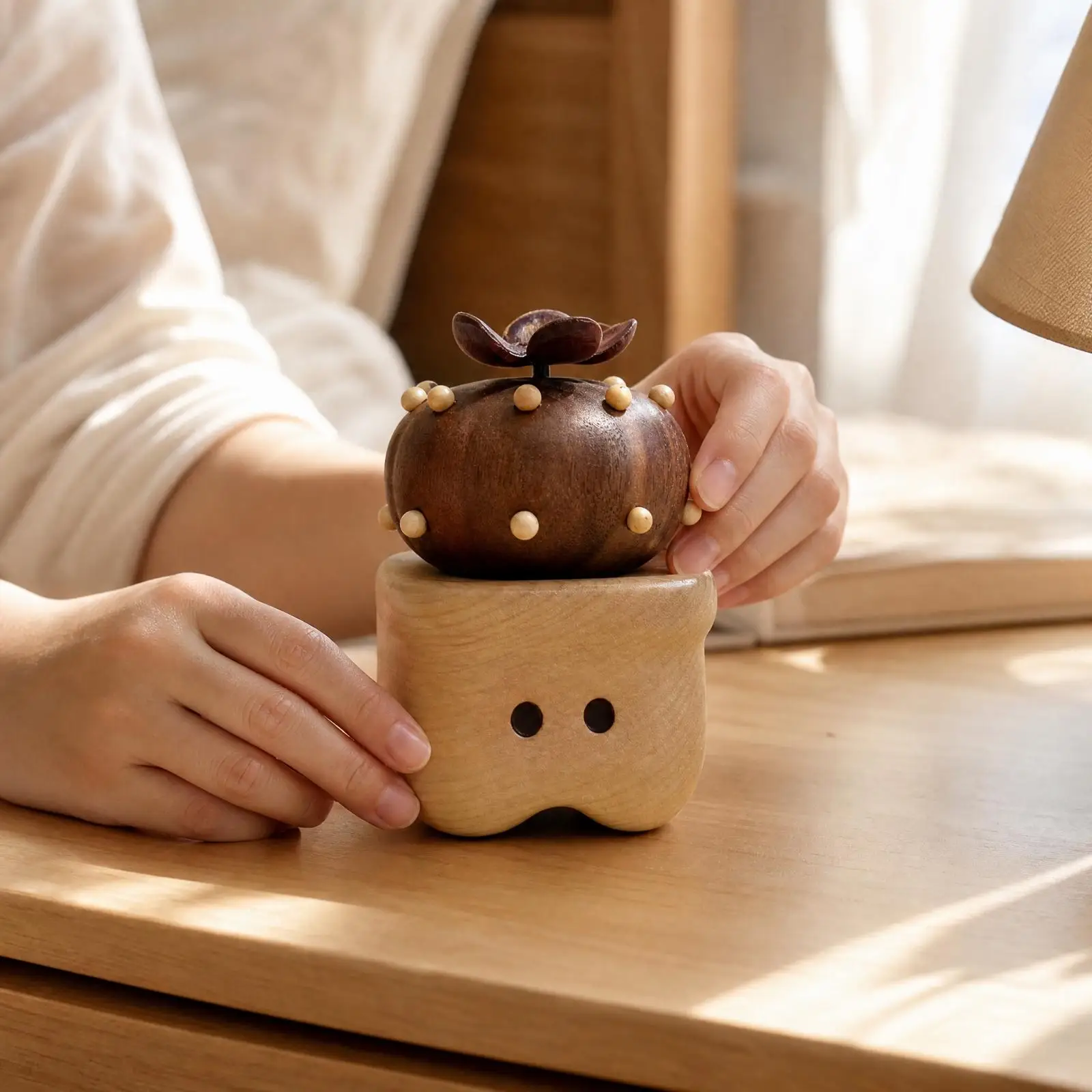 Wooden Cactus Ornament Tabletop Cactus Decor with Wood Pot Artisan Minimalist for Entryway, Living Room