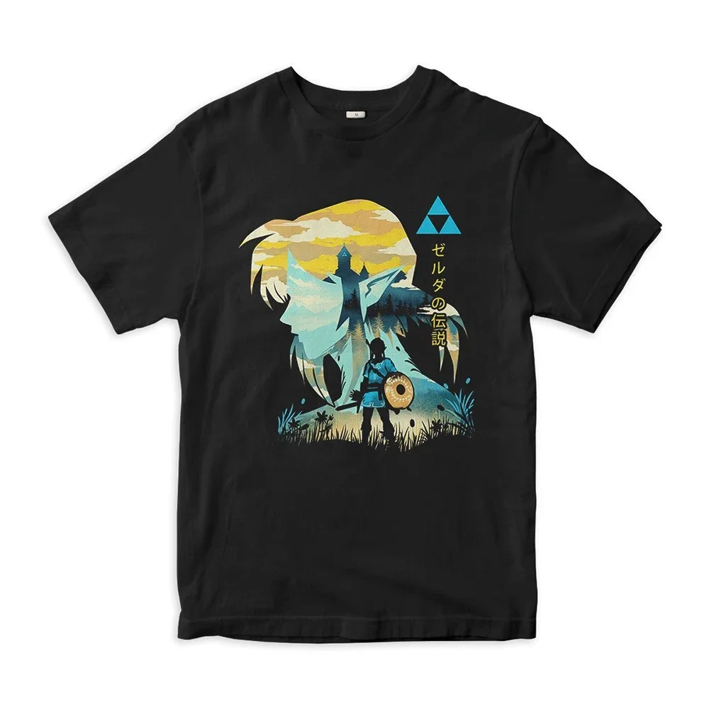 The Legend of Zelda Silhouette T-shirt Japanese Text Triforce Graphic Tee Men Women Vintage Game Art Short Sleeve