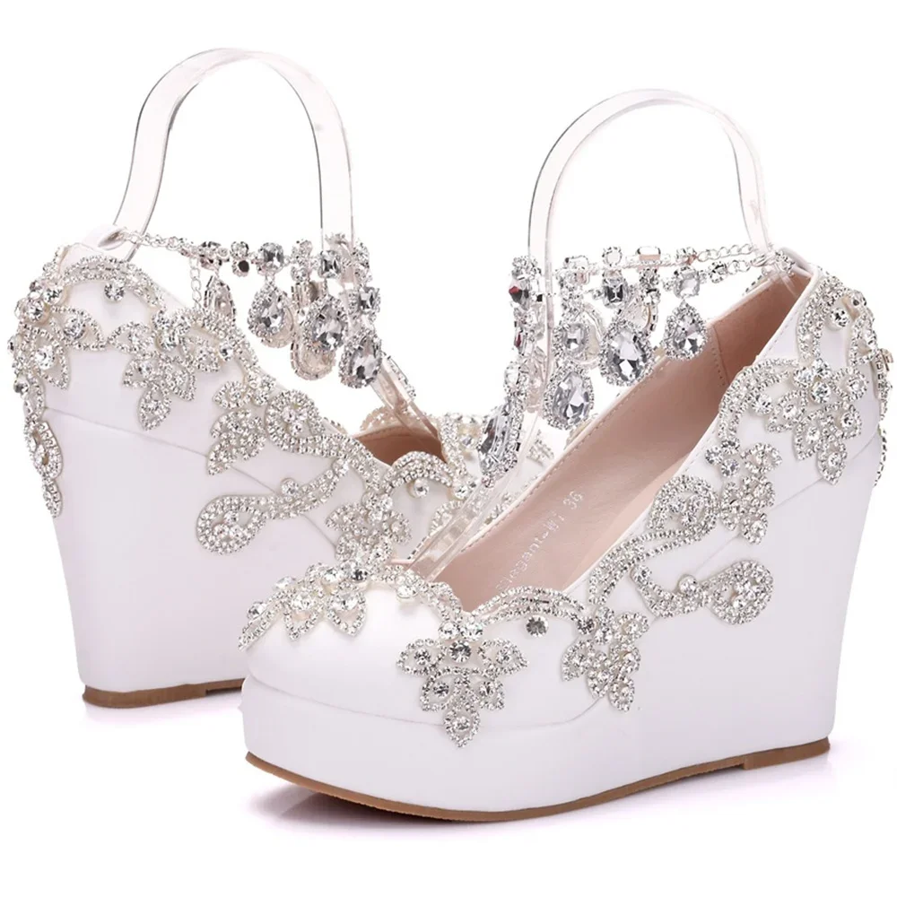 Rhinestone Bride Wedding Shoes Woman Ankle Strap Wedges High Platform Pumps High Heels Party Rhinestone Round Toe Wedges 11 CM