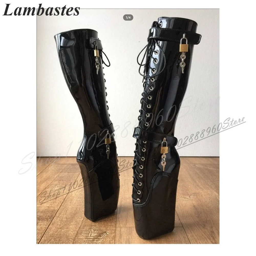 

Knee High Black Lock Strap Decor Boots Strange Style Heel Shoes For Women Cross Tied Round Toe 2024 Fashionable Zapatillas Mujer