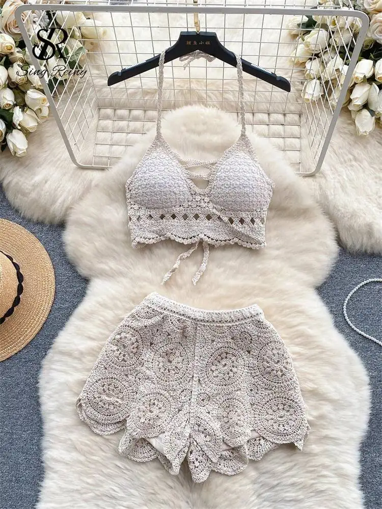 Beachwear Knitted Suit Backless Sexy Camis+Hooked Hollow Wide Legs Shorts Y2k Vacation Women Summer Two Piece Set