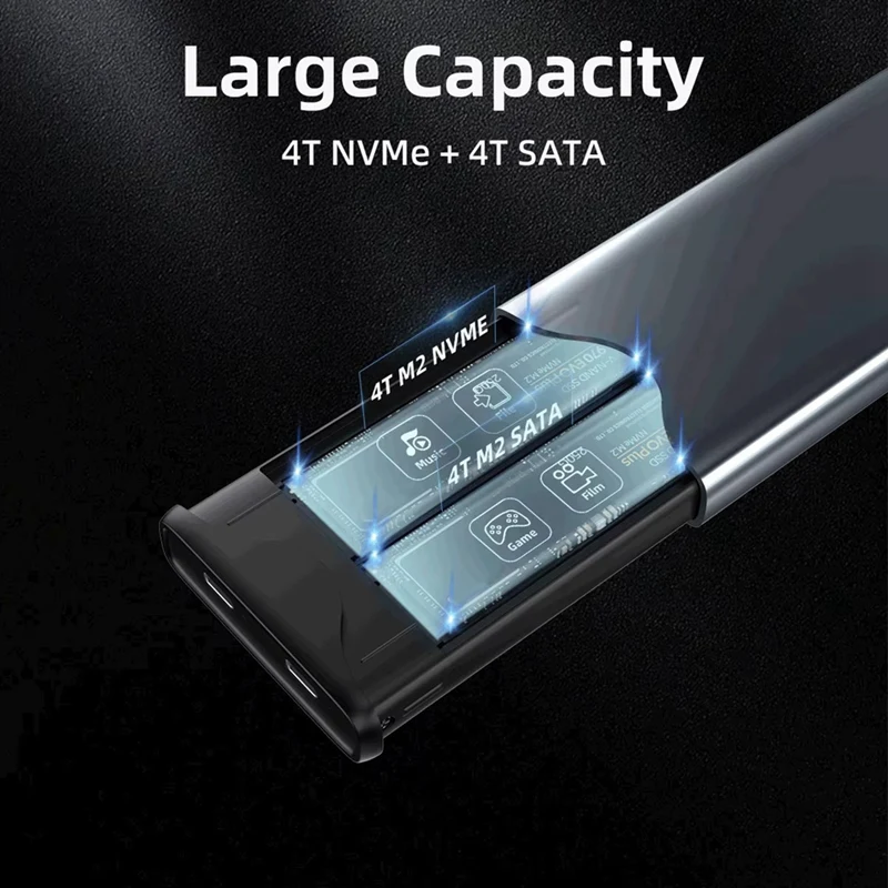 Top-M.2 SATA NVME Dual Protocol SSD Enclosure Dual Bay SATA&NVME SSD Case 10Gbps USB Type C SSD Case M.2 Hard Disk Box