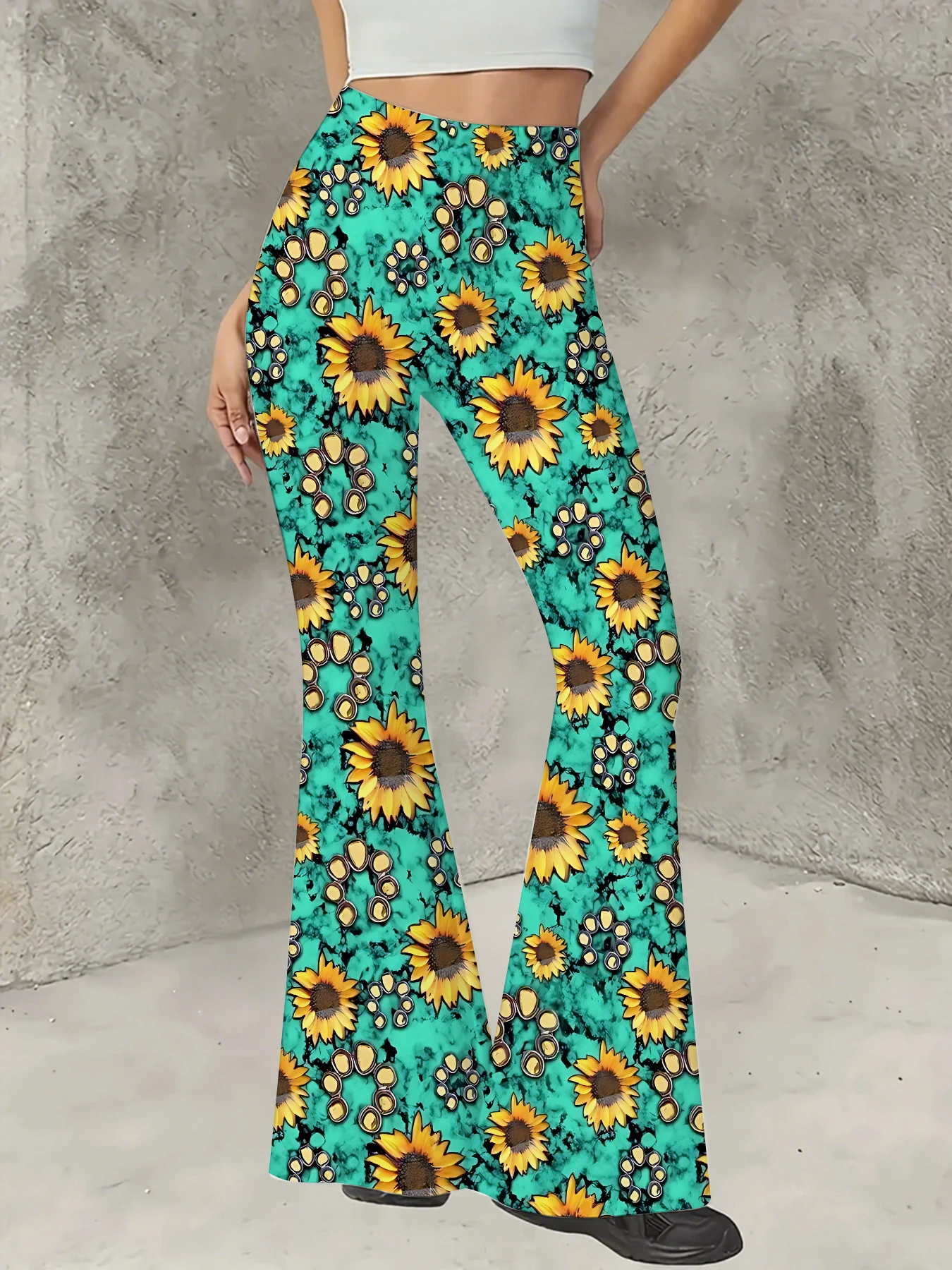 

Korean Style Printed Flare Pants Women High Waist Slim Fit Bell Bottom Leggings