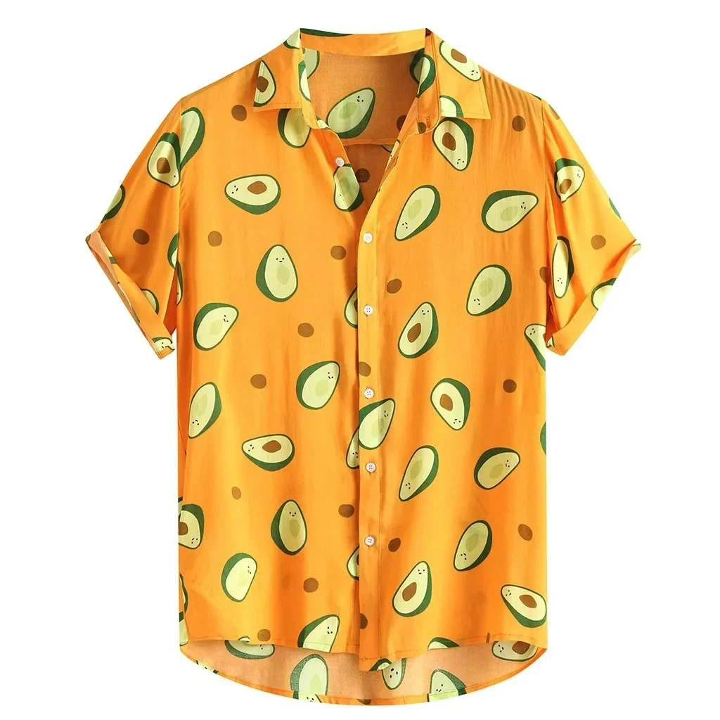 Summer Avocado Print Men's Casual Loose and Comfortable Breathable Shirt Fashionable and Versatile Short Sleeved Shirt