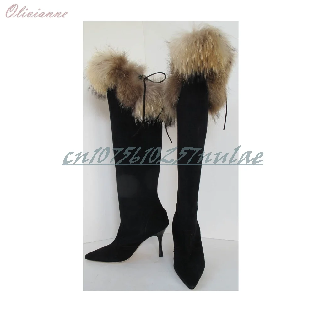 

Black Fur Strap Design Md Calf Boots Pointy Stiletto High Heel Elegant Retro Party Fashion Women Shoes 2025 Autumn Para Mujere